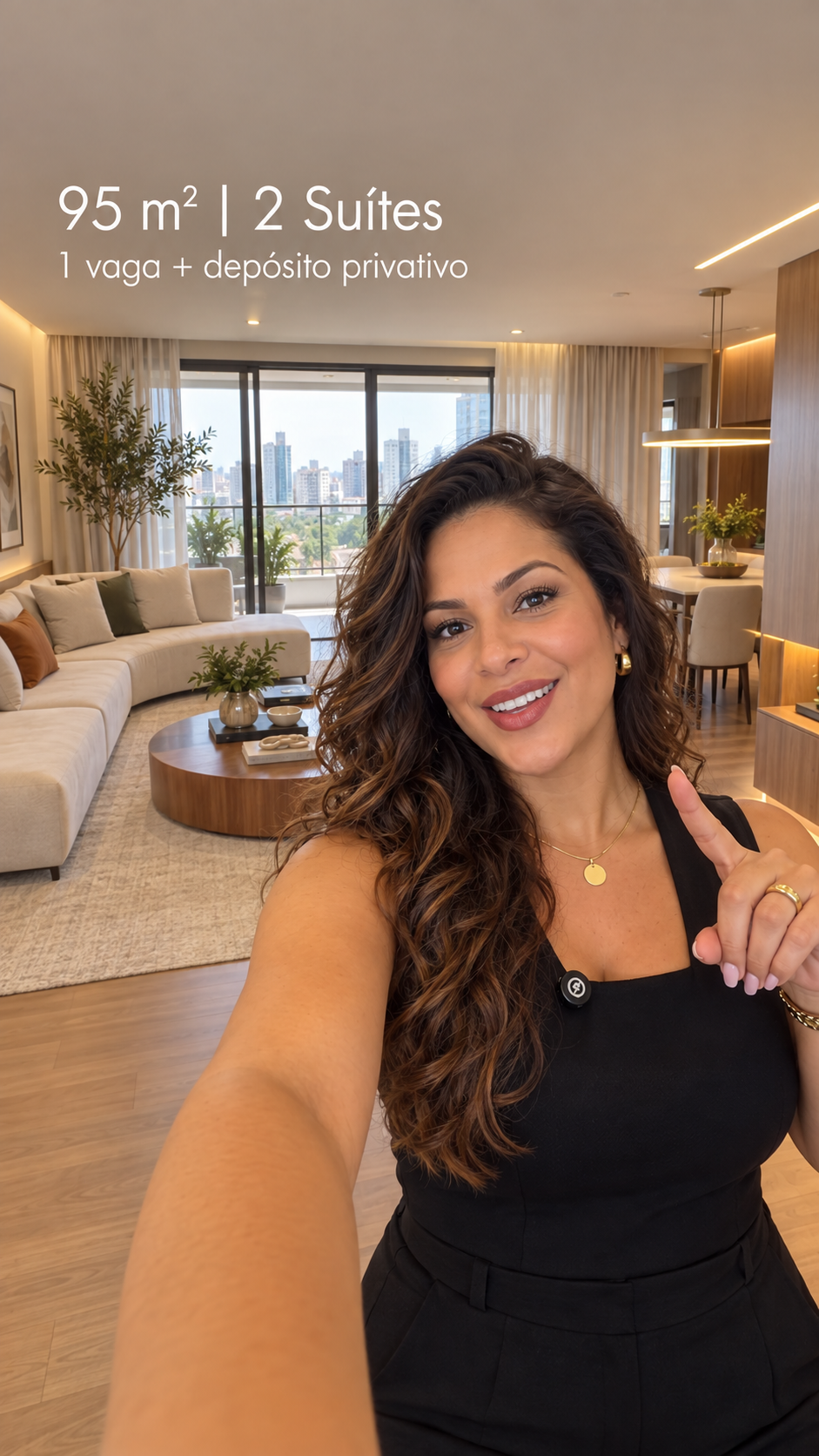Corretora gravando em selfie em um apartamento; exemplo ilustrativo com 95 m², 2 suítes, 1 vaga e depósito privativo