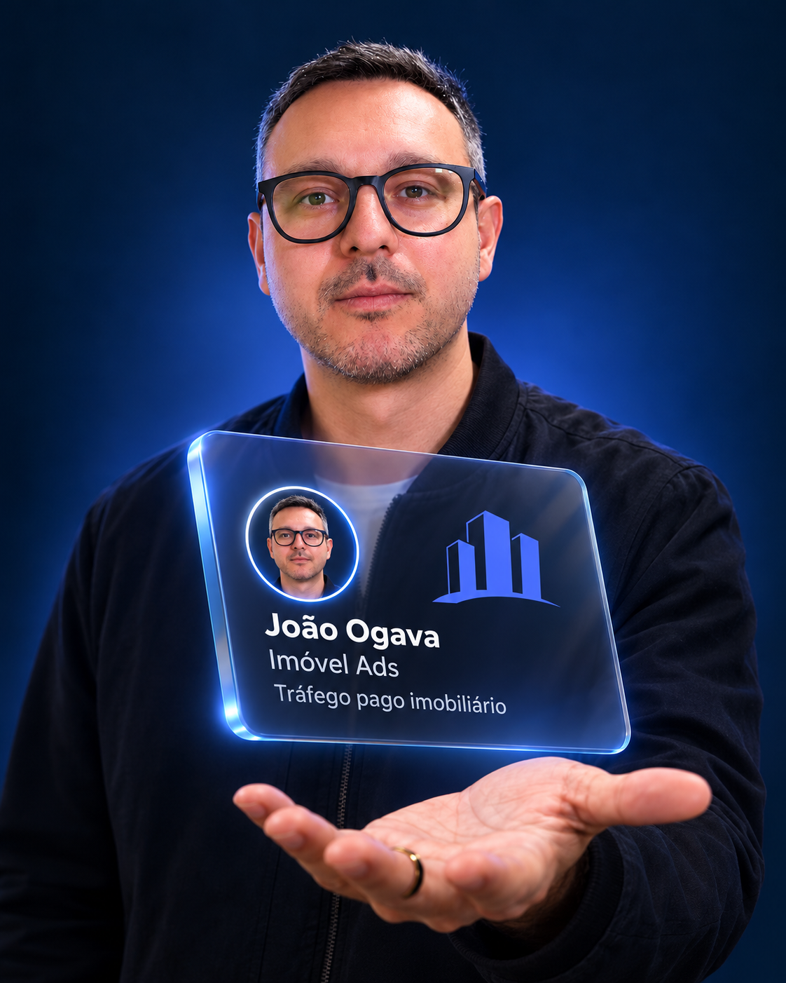 Retrato de João Ogava com um cartão de vidro da Imóvel Ads flutuando sobre a mão